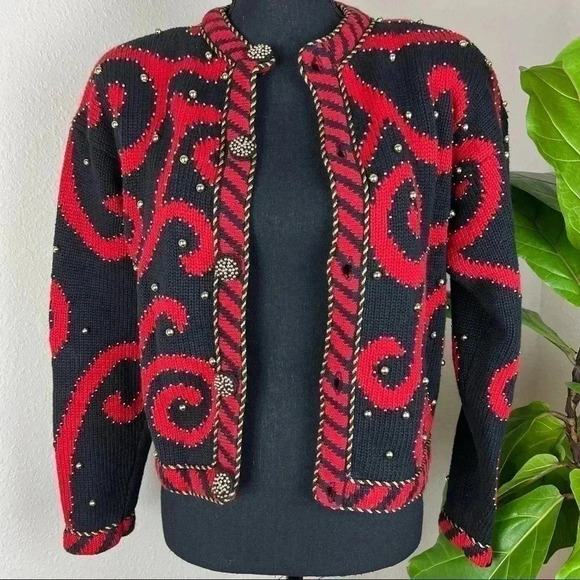 Vintage L•N•I Women’s Beaded Statement Sweater Size Small Red Black Gold - Picture 6 of 10
